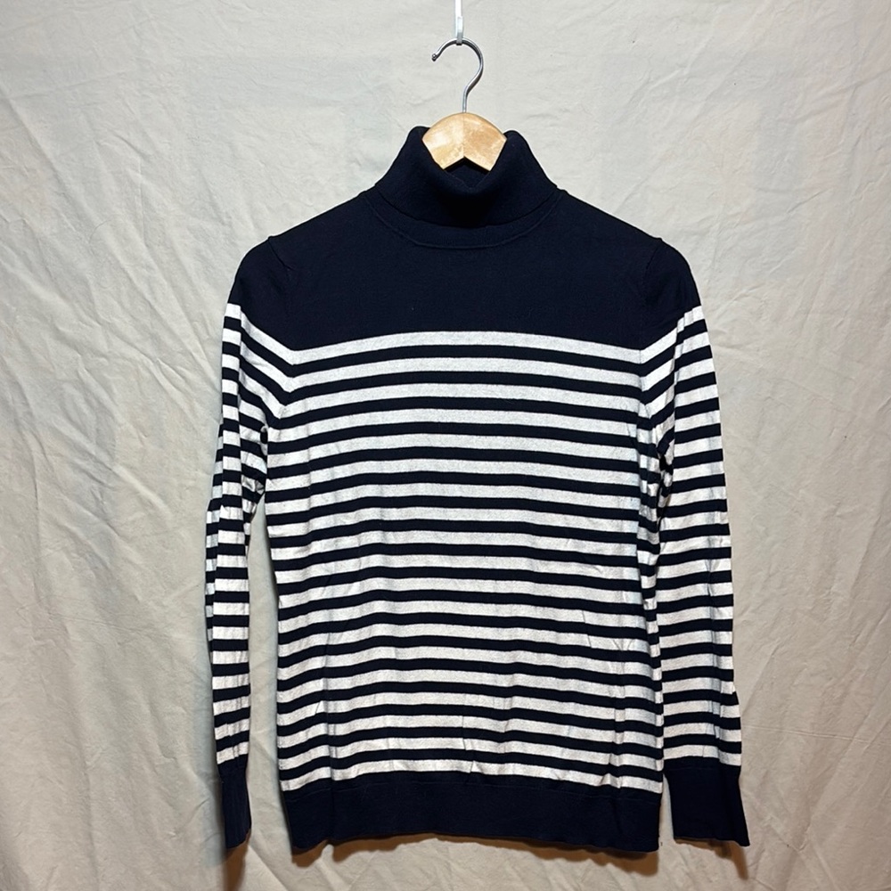 Talbots Navy and White Striped Turtleneck Sweater